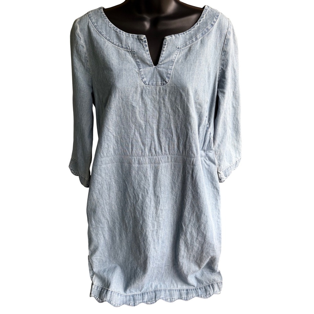 Talbots Women Blue Chambray Cotton Shift Dress Scalloped Hem Light Wash Size 8
